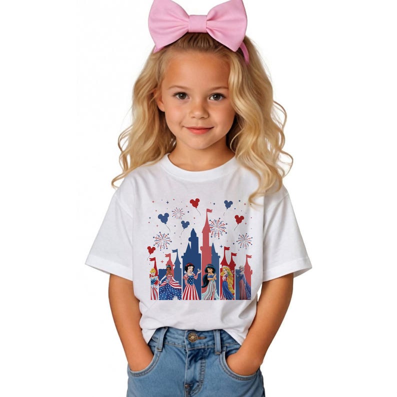 May include: A white t-shirt with a patriotic castle design in red, white, and blue. The graphic includes fireworks, hearts, and princess figures. The child is wearing a pink bow. The child is wearing blue jeans.