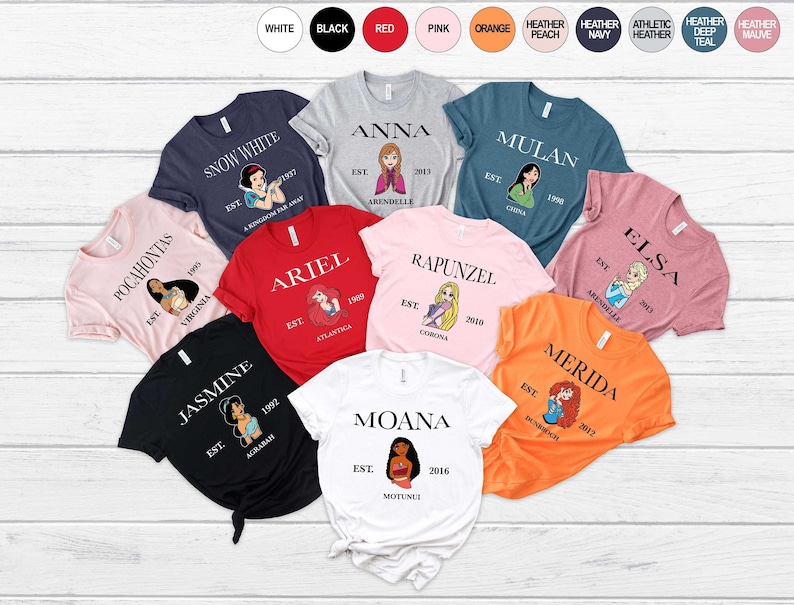 Peut inclure: Plusieurs t-shirts de diff&eacute;rentes couleurs avec des motifs de princesses Disney. Chaque chemise affiche le nom d'une princesse, un graphisme et l'ann&eacute;e de cr&eacute;ation. Les chemises sont de couleurs comme le blanc, le noir, le rouge, le rose, l'orange et le teal.