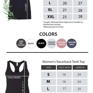 Puede incluir: Tabla de tallas para camisetas de cuello en V y tanques de espalda de nadador para mujeres. La tabla muestra las tallas, las medidas del pecho y las longitudes en pulgadas. Los colores disponibles incluyen gris oscuro jaspeado, blanco, negro, jaspeado atl&eacute;tico, jaspeado malva y jaspeado azul marino.