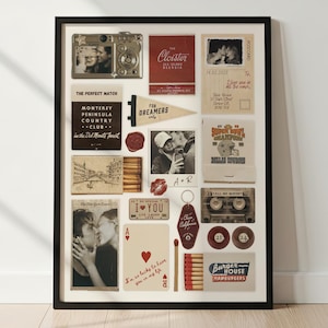 Peut inclure: Un collage encadré avec des photographies, cartes postales et éphémères de style vintage. Les éléments incluent des images de couples, du texte qui dit "The Perfect Match", "Dreamers" et "I Love You", ainsi que d'autres éléments décoratifs. Le collage est dans un cadre noir.