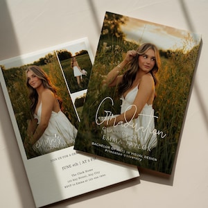May include: Graduation announcement featuring a young woman in a white dress, set against a backdrop of tall grass and a sunset. The announcement includes the text "Graduation," the graduate's name, degree, and university.