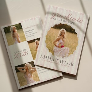 Pink Graduation Announcement Template | Class of 2026 Senior Photo Card | Editable Canva Grad Invite | Soft Striped Party Invitation