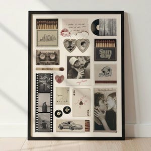 Op de afbeelding: Een ingelijste collage met een luciferdoosje met een stadssilhouet, een cassettebandje met het label Call Me Maybe, een hartvormig medaillon, een filmstrip, twee biljartballen, een speelkaart, een sporthelm en een illustratie van een auto.