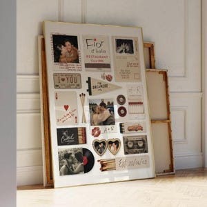May include: A large rectangular collage print featuring various vintage-style elements including photographs of a couple, a Fior d'Italia restaurant sign, a playing card with a heart, a cassette tape, a vinyl record, matchboxes, and text like I LOVE YOU.