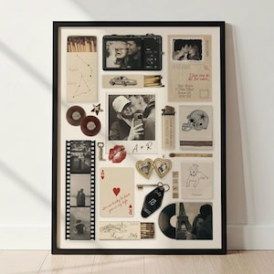 Puede incluir: Un collage enmarcado que incluye una cámara digital, una tira de película con tres fotos, una carta de juego con un corazón, un relicario en forma de corazón, un disco de vinilo, cajas de cerillas con diseños, un encendedor y una llave.