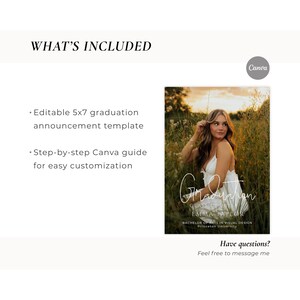 May include: A graduation announcement template with a photo of a woman in a white dress in a field. The announcement includes the text "Graduation" and the graduate's name, degree, and university. The template is 5x7 inches and customizable.