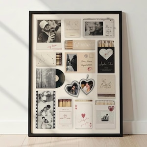 Puede incluir: Un collage enmarcado con fotografías en blanco y negro, cajas de cerillas personalizadas, un relicario en forma de corazón, un disco de vinilo y tiras de película. Los objetos incluyen textos como my love, Paris France August 2025 y Cocktail Lounge.