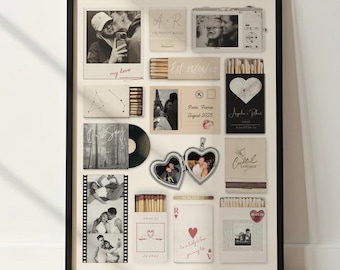 May include: A framed collage featuring black and white photographs, matchboxes with custom designs, a heart-shaped locket, a vinyl record, and film strips. The items include text such as my love, Paris France August 2025, and Cocktail Lounge.