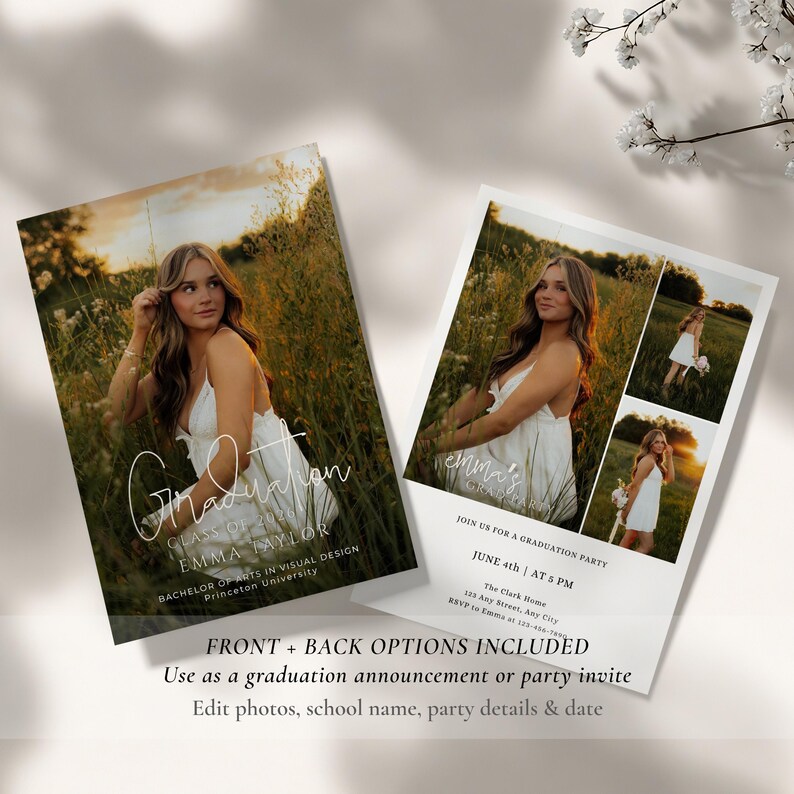 May include: Graduation announcement or party invite featuring a young woman in a white dress in a field. The announcement includes the text "Graduation," the graduate's name, and details for a graduation party. The design includes front and back options.