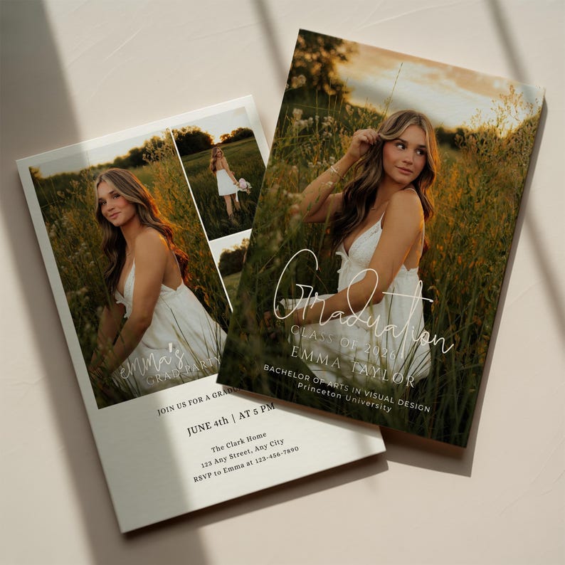 May include: Graduation announcement featuring a young woman in a white dress, set against a backdrop of tall grass and a sunset. The announcement includes the text "Graduation," the graduate's name, degree, and university.