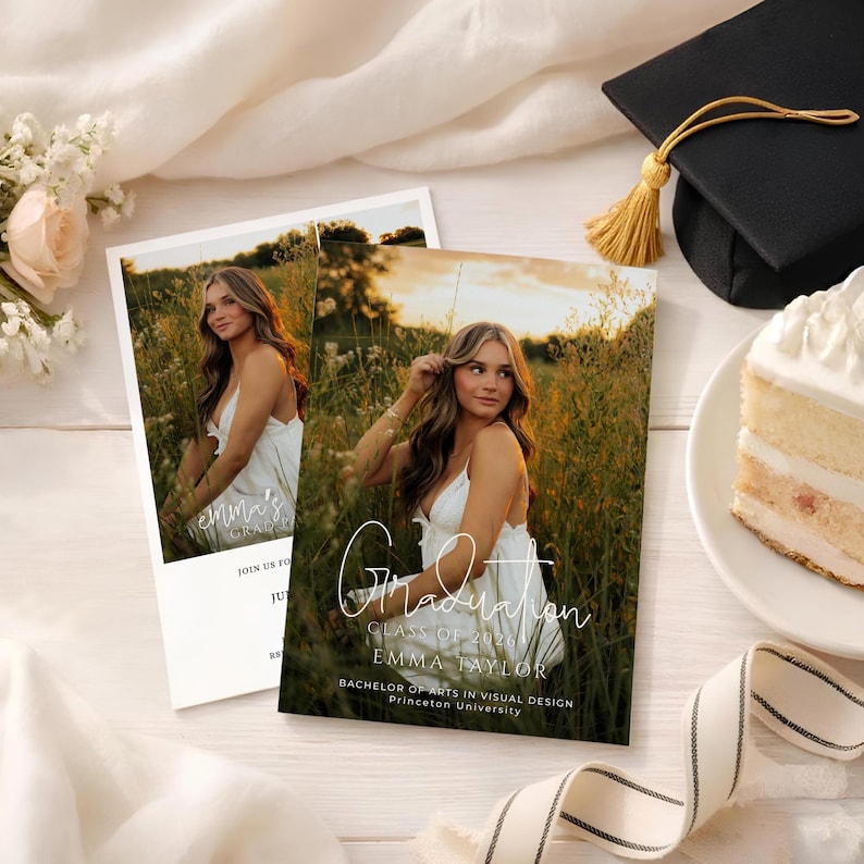 May include: Graduation announcement cards featuring a young woman in a white dress, with the word "Graduation" in elegant script. A black graduation cap with a gold tassel and a slice of cake are also visible.