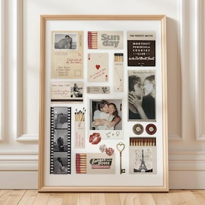 Pode incluir: Uma colagem emoldurada com itens de estilo vintage, incluindo um cartão-postal, caixas de fósforos com os rótulos 'Sunday' e 'Burger House', uma carta de baralho, uma tira de filme, uma chave em forma de coração, dados e uma foto de casal.