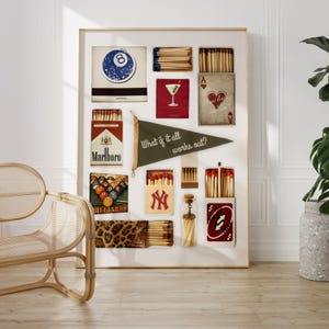 Collage di scatole di fiammiferi vintage, alla moda con estetica retrò, leopardo, martini, stampe di scatole di fiammiferi fantastiche, arte murale di carte da gioco, decorazione digitale per dormitori