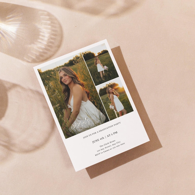 May include: A graduation party invitation featuring a young woman in a white dress. The invitation includes three photos of the woman, the text "Join us for a graduation party", and event details. The invitation is on a white card with a brown envelope.