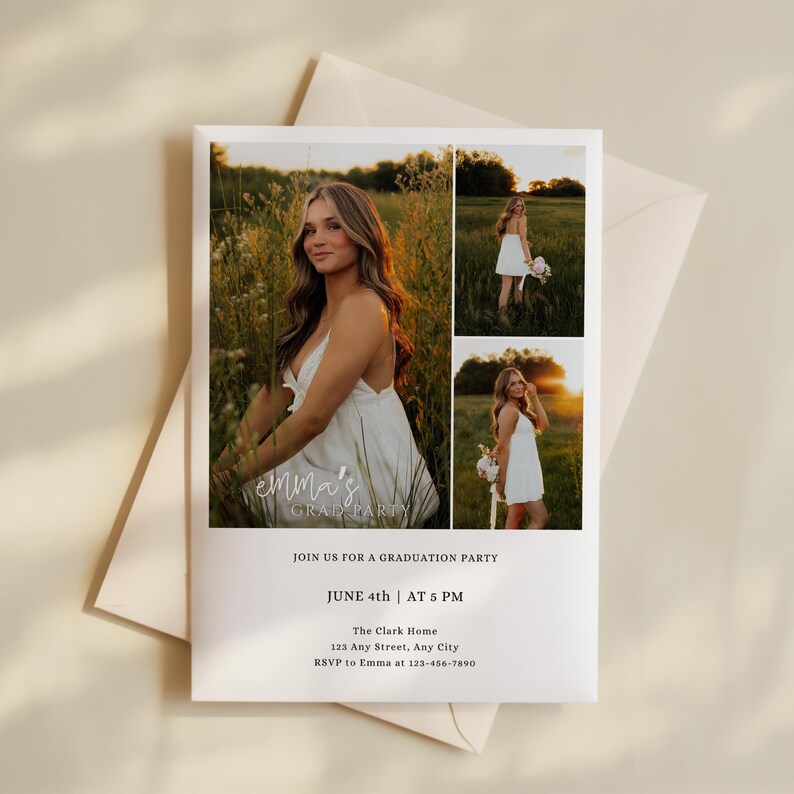 May include: A graduation party invitation featuring a young woman in a white dress in a field. The invitation includes the text "emma's GRAD PARTY", "JOIN US FOR A GRADUATION PARTY", and event details: June 4th at 5 PM.