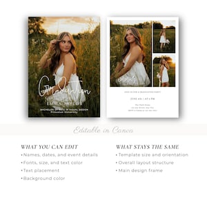May include: Graduation announcement template featuring a young woman in a white dress in a field at sunset. The announcement includes the graduate's name, degree, and university. The right side shows a collage of photos and party details.