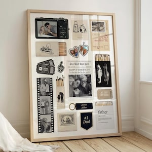 Puede incluir: Un collage enmarcado que incluye una cámara digital, un relicario en forma de corazón, un recorte de periódico titulado The Best Dad Post, tiras de película con fotos, cajas de cerillas ilustradas, un llavero y la definición de padre.