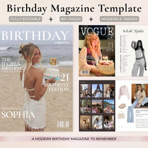 Könnte beinhalten: Magazin-Vorlage zum Geburtstag mit hellblauem Cover. Es zeigt eine Frau, die einen Kuchen mit einer "21" Kerze hält. Der Text lautet "Birthday Magazine" und "Birthday Edition". Weitere Seiten zeigen Mode- und Lifestyle-Inhalte.