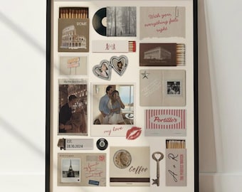 May include: A framed collage featuring various mementos including matchboxes with Rome and Portillo's branding, a vinyl record, heart-shaped locket, polaroid-style photos of a couple, a vintage key, an eight ball, and handwritten notes.