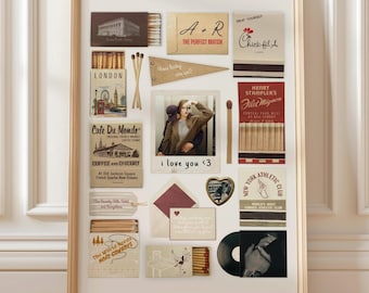 May include: A framed collage featuring various matchboxes, a polaroid-style photo with the text 'i love you <3', a pennant, a heart-shaped frame, a vinyl record, and printed cards. The collection includes branding like Cafe Du Monde, Chick-fil-A, and New York Athletic Club, arranged on a white background within a light wood frame.