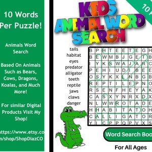 Animals Word Search : Puzzle Book For Kids of All Ages, 10 Page Word Search, Activity Workbooks For Kids