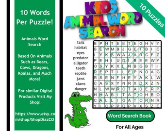 Animals Word Search : Puzzle Book For Kids of All Ages, 10 Page Word Search, Activity Workbooks For Kids