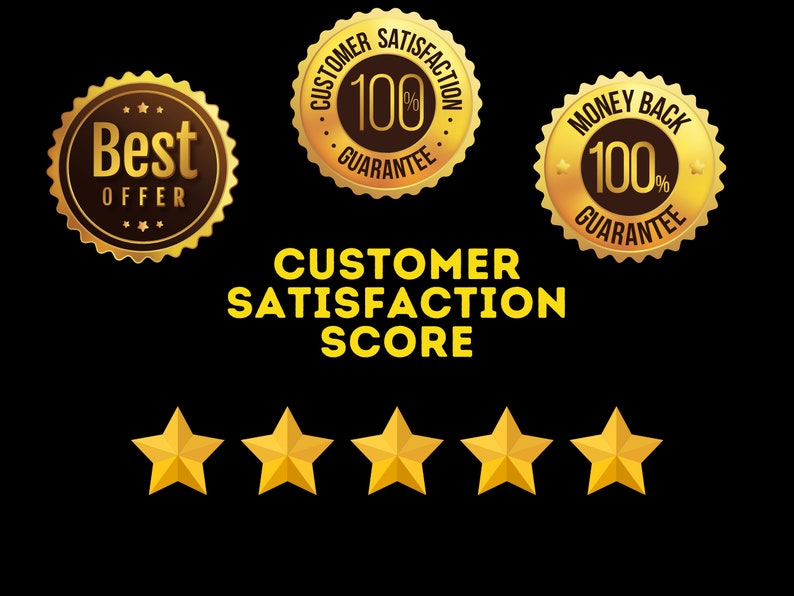 May include: Gold-colored badges with the text "Best Offer", "Customer Satisfaction 100% Guarantee", and "Money Back 100% Guarantee" are displayed. The phrase "Customer Satisfaction Score" is written in yellow. Five gold stars are at the bottom.