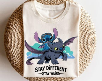Cute Stitch and Dragon Funny Disney Shirt,Disney Stitch And Toothless Stay Different Stay Weird Shirt,How To Train Your Dragon Toothless Tee