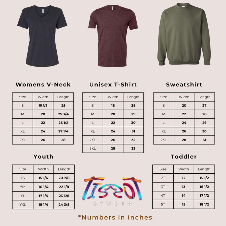 May include: A product image featuring three different shirt styles: a black V-neck, a maroon t-shirt, and an olive green sweatshirt. Size charts for women's, unisex, youth, and toddler sizes are included, with measurements in inches. The Tiszat Studio logo is also visible.