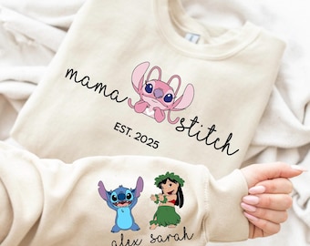 Custom Mama Est with Kids Name on Sleeve Sweatshirt, Lilo and Stitch Mama Sweatshirt, Personalized Disney Mama Shirt, Disney Lilo And Stitch