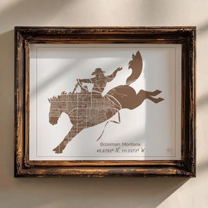 Bozeman Montana Bronc Rider Map 8 x 10 and A4 | Western Art Print | Montana Art | Rodeo Decor | Montana Map| Montana Gift