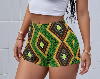 Geometrische Tribal Damen High-Stretch Shorts | Ankara Polyester Elasthan | Figurbetonte Sommershorts | Afrikanischer Wachsdruck