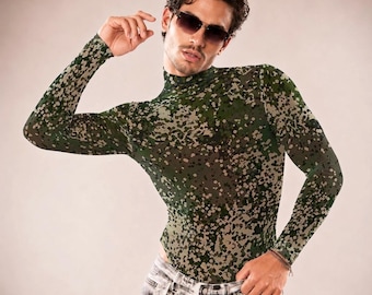 Body de malla para hombre con estampado de camuflaje digital / Leotardo de cuello alto de manga larga con estampado de camuflaje verde / Mono para festivales y fiestas / Top de club con cierre de broches en la entrepierna