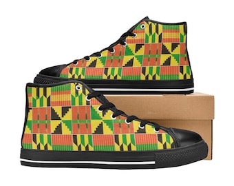 Kente Pattern High Top Canvas Shoes | Women’s Afro Print Sneakers | Stylish Lace-Up Streetwear Shoes