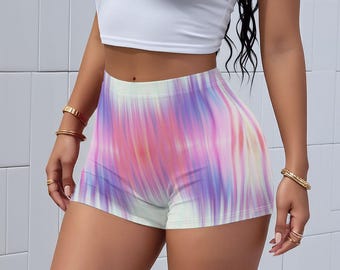 Pantalones cortos elásticos de mujer con estampado tie-dye / Pantalones cortos informales de verano / Cintura elástica cómoda / Ajuste elástico suave