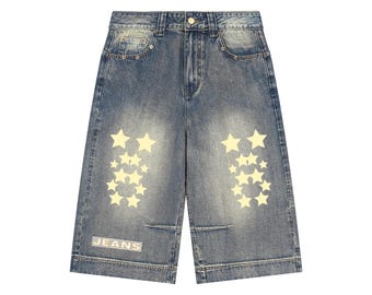 Vintage Wash Baggy Denim Shorts | “Stellar Fade” Star Print | Y2K Streetwear | Unisex Loose Fit
