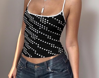 Canotta da donna a pois diagonali / Top aderente con spalline sottili / Top senza maniche elasticizzato in poliestere ed elastan