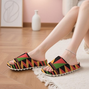 Kente EVA Slippers | African Geometric Pattern | Yeezy Style Slides | Unisex Lightweight Summer Sandals | Tribal Print Slip-On Shoes image 1