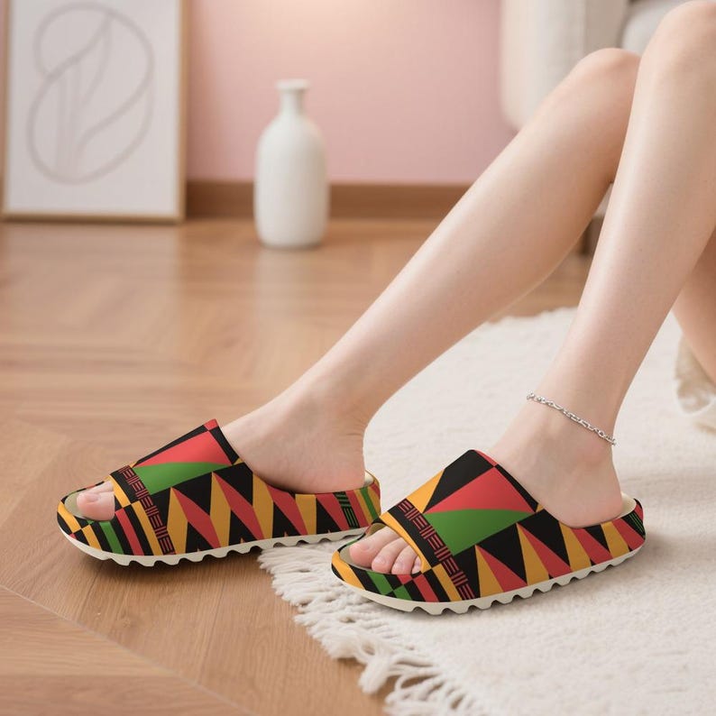 Kente EVA Slippers | African Geometric Pattern | Yeezy Style Slides | Unisex Lightweight Summer Sandals | Tribal Print Slip-On Shoes image 1