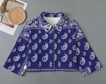 Blue Bandana Paisley Women’s Cropped Jacket | Cotton Button-Up Streetwear Coat | Trendy Bandana Print Outerwear