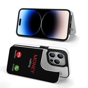 Funda protectora con tapa Money Calling para iPhone 14, ranura para tarjetas integrada y protección antigolpes.