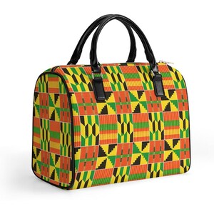 Könnte beinhalten: Rechteckige Reisetasche mit einem lebendigen geometrischen Muster in Gelb, Orange, Grün und Schwarz. Die Tasche hat schwarze Ledergriffe und Akzente sowie einen Reißverschluss. Ideal für Reisen oder zum Tragen von Essentials.