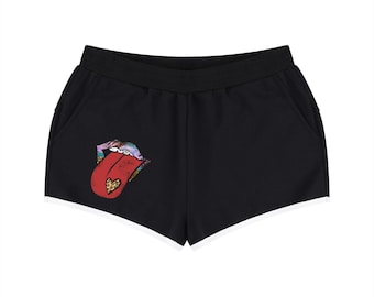 Shorts retro de mujer con ribete en contraste / Shorts con estampado de labios y lengua de delfín / Shorts deportivos con ribete blanco y negro