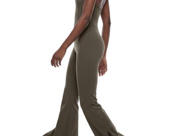 Women’s Halter Flared Jumpsuit | Open Back Wide Leg Romper | Sleeveless Bodycon One Piece | Split Hem Yoga Jumpsuit | Casual Lounge Outfit