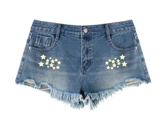 Shorts vaqueros de mujer con lavado vintage y bajo sin rematar / Shorts vaqueros con estampado de estrellas Y2K / Shorts vaqueros desgastados y deshilachados