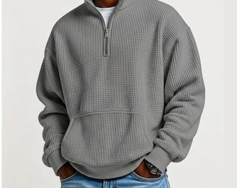 Sudadera de punto gofrado para hombre con cremallera de un cuarto y bolsillos / Jersey informal ligero de manga larga con media cremallera