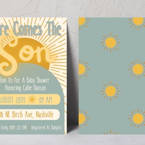 May include: Baby shower invitation with the text "Here Comes The Son" in a retro design. The invitation includes details for a baby shower honoring Callie Hanson, with a sunburst design and a matching patterned background.