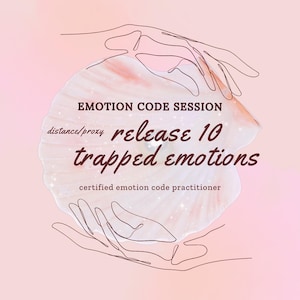 Può includere: Grafica digitale con sfondo rosa tenue. L'immagine presenta una forma di fiore stilizzata con il testo "EMOTION CODE SESSION" e "release 10 trapped emotions". Delicate mani in stile lineare accarezzano il fiore.
