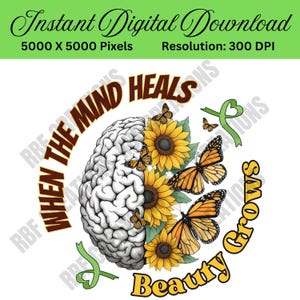 Bewusstsein für psychische Gesundheit PNG: Sonnenblume Gehirnkunst, Sublimationsdesign (Digitaler Download)