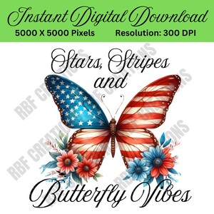 Farfalla patriottica PNG: stelle, strisce, clipart floreali (download digitale)